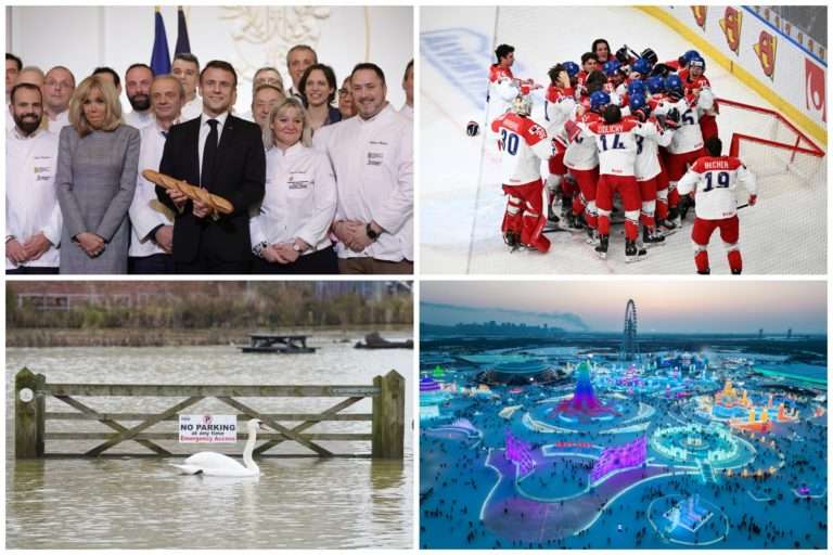 Top foto dňa (5. január 2024): Česi oslavujú bronz, Macron s bagetou, záplavy aj festival ľadu a snehu